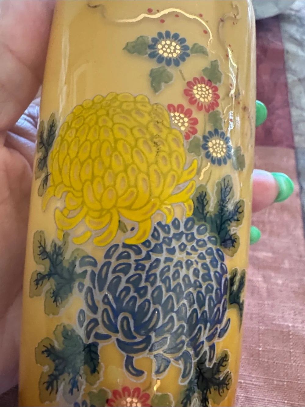 Yellow Ombre Floral Glass Vase with Painted Chrysanthemums
